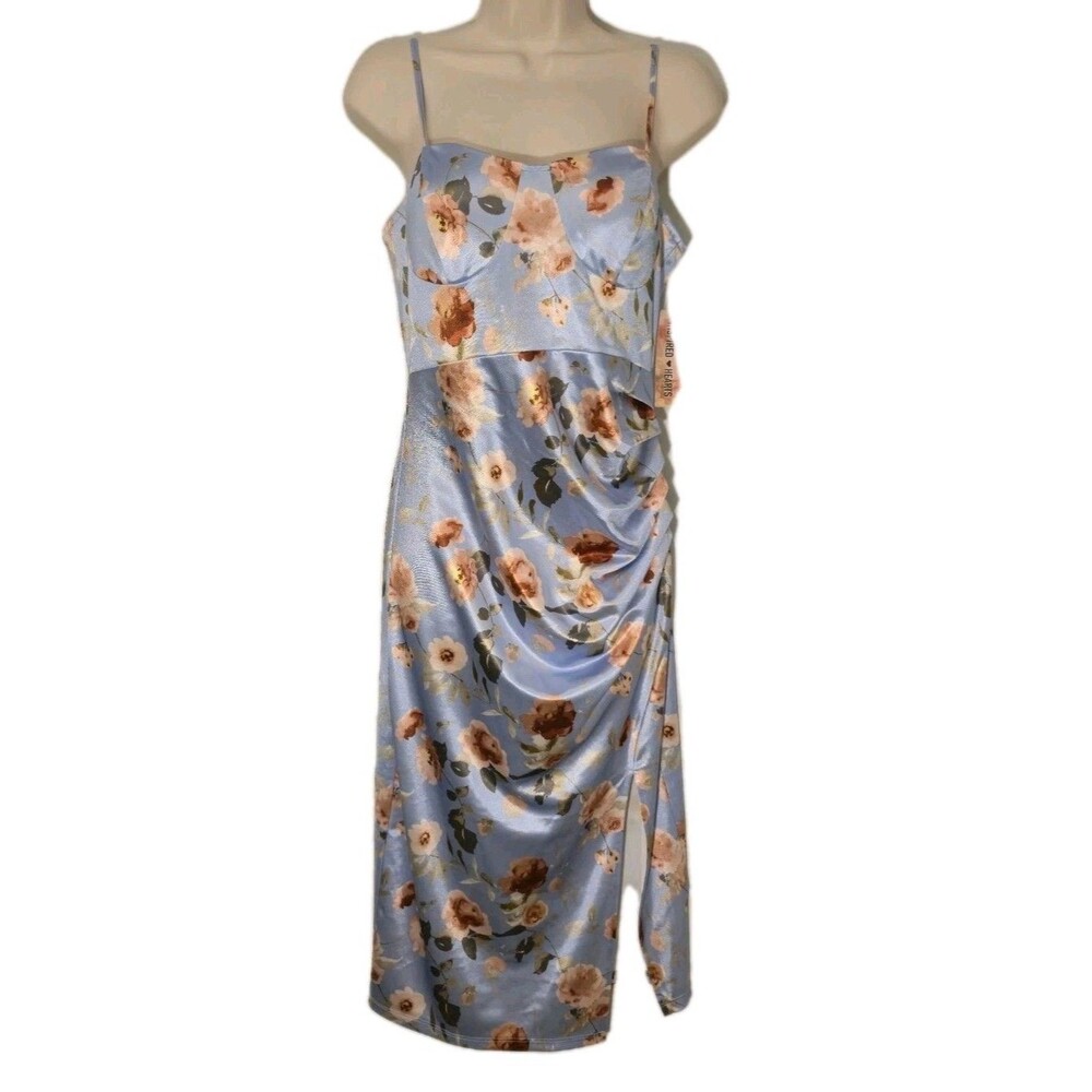 NWT Womens Floral Satin Bustier Ruched Midi Dress L Coquette Ballet Soft Cottage